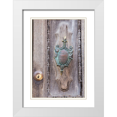Italy-Venice-Burano Island Closeup of brass detail on an old wooden door on Burano Island White Modern Wood Framed Art Print with Double Matting by Eggers, Julie