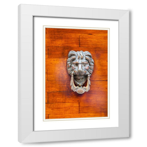 Italy-Venice-Burano Island Closeup of a lion head door knocker on a wooden door White Modern Wood Framed Art Print with Double Matting by Eggers, Julie