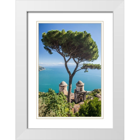 Italy-Campania-Ravello View of the Amalfi Coast and the towers of Villa Rufolo White Modern Wood Framed Art Print with Double Matting by Eggers, Julie