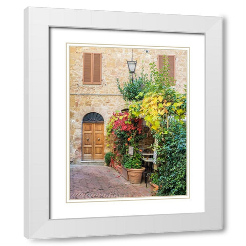 Italy-Tuscany-Pienza Doorway surrounded by flowers White Modern Wood Framed Art Print with Double Matting by Eggers, Julie