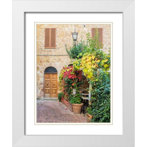 Italy-Tuscany-Pienza Doorway surrounded by flowers White Modern Wood Framed Art Print with Double Matting by Eggers, Julie