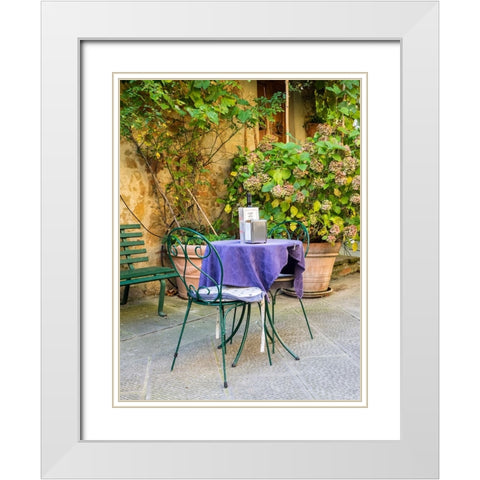 Italy-Tuscany-Pienza Restaurant outside dining along the streets White Modern Wood Framed Art Print with Double Matting by Eggers, Julie