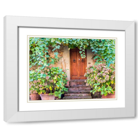 Italy-Tuscany-Pienza Doorway surrounded by flowers White Modern Wood Framed Art Print with Double Matting by Eggers, Julie