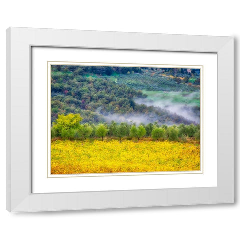 Italy-Tuscany Autumn morning with fog in the Tuscan valley White Modern Wood Framed Art Print with Double Matting by Eggers, Julie