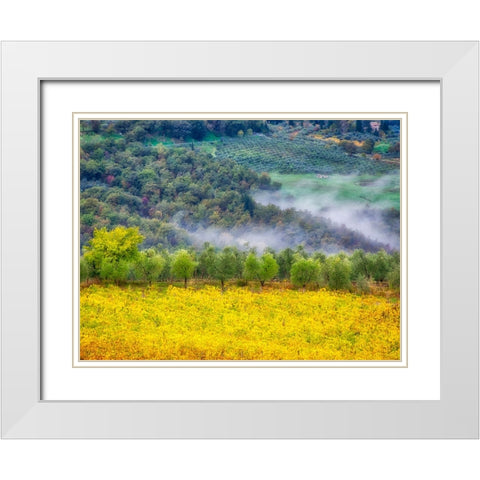 Italy-Tuscany Autumn morning with fog in the Tuscan valley White Modern Wood Framed Art Print with Double Matting by Eggers, Julie