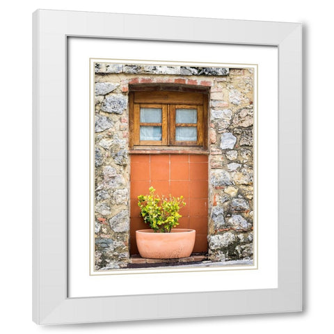 Italy-Chianti-Monteriggioni Wooden shutters on a window with planter below White Modern Wood Framed Art Print with Double Matting by Eggers, Julie