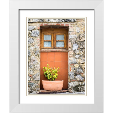 Italy-Chianti-Monteriggioni Wooden shutters on a window with planter below White Modern Wood Framed Art Print with Double Matting by Eggers, Julie