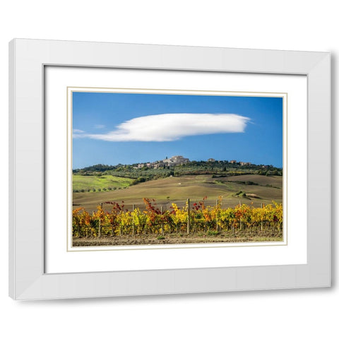 Italy-Tuscany Colorful vineyards in autumn with blue skies and clouds White Modern Wood Framed Art Print with Double Matting by Eggers, Julie