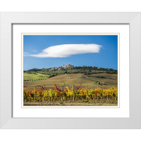 Italy-Tuscany Colorful vineyards in autumn with blue skies and clouds White Modern Wood Framed Art Print with Double Matting by Eggers, Julie