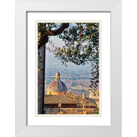 Italy- Umbria- Assisi. The dome of the Convento Chiesa Nuova with the countryside in the distance. White Modern Wood Framed Art Print with Double Matting by Eggers, Julie