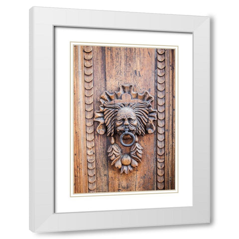 Italy- Umbria- Assisi. Ornate wood carved door knocker. White Modern Wood Framed Art Print with Double Matting by Eggers, Julie