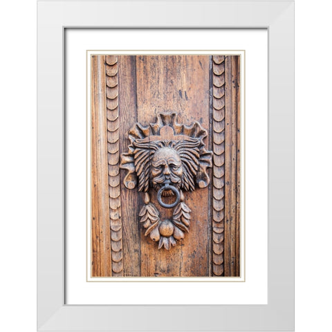 Italy- Umbria- Assisi. Ornate wood carved door knocker. White Modern Wood Framed Art Print with Double Matting by Eggers, Julie