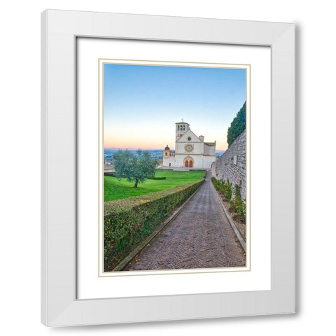 Italy- Umbria- Assisi. Walkway leading to the Basilica of San Francesco. White Modern Wood Framed Art Print with Double Matting by Eggers, Julie