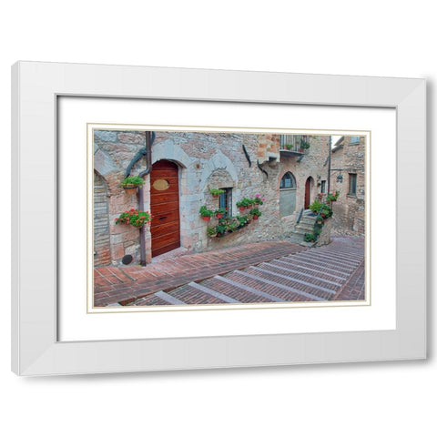 Italy- Umbria- Assisi. Walkway along the streets of Assisi lined with flowering pots. White Modern Wood Framed Art Print with Double Matting by Eggers, Julie