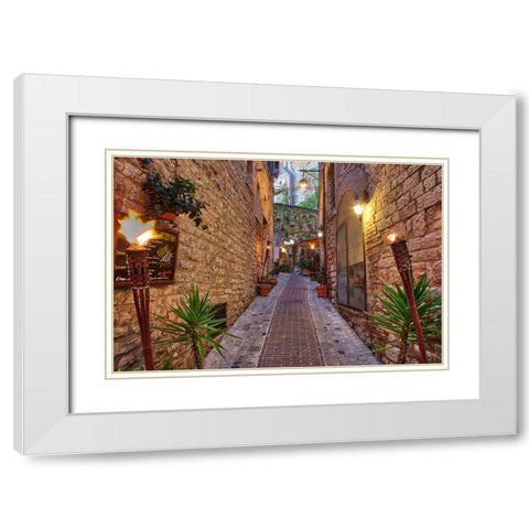 Italy- Umbria. Street lined with flower pots in the town of Assisi. White Modern Wood Framed Art Print with Double Matting by Eggers, Julie