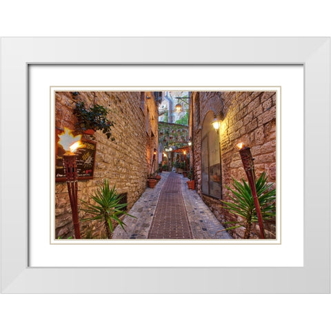 Italy- Umbria. Street lined with flower pots in the town of Assisi. White Modern Wood Framed Art Print with Double Matting by Eggers, Julie