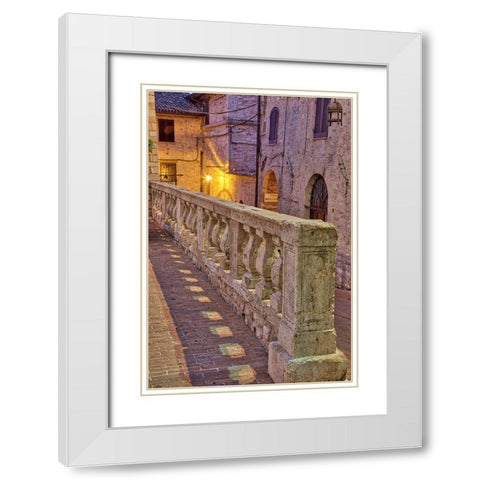 Italy- Umbria- Assisi. Short stone wall with columns near the Convento Chiesa Nuova. White Modern Wood Framed Art Print with Double Matting by Eggers, Julie