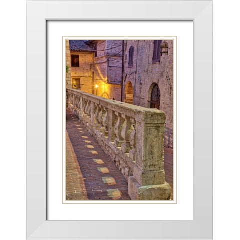 Italy- Umbria- Assisi. Short stone wall with columns near the Convento Chiesa Nuova. White Modern Wood Framed Art Print with Double Matting by Eggers, Julie