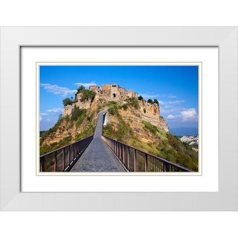 Italy- Tuscany. Evening view of Civita di Bagnoregio and the long bridge leading to town. White Modern Wood Framed Art Print with Double Matting by Eggers, Julie