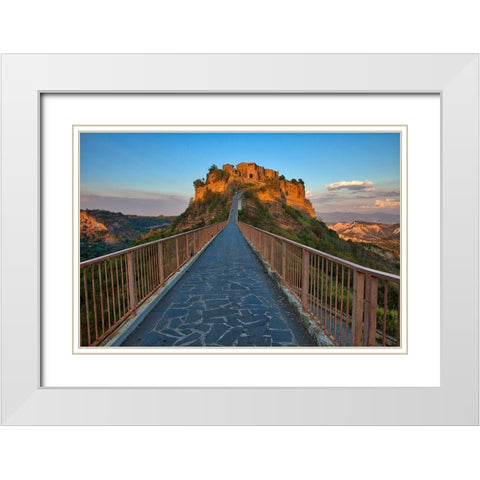 Italy- Tuscany. Evening light of Civita di Bagnoregio and the long bridge leading to town. White Modern Wood Framed Art Print with Double Matting by Eggers, Julie