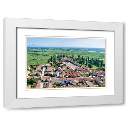Italy-Mantova-Le Grazie village-Basilica and square-Mincio river valley in the background White Modern Wood Framed Art Print with Double Matting by Molinari, Michele
