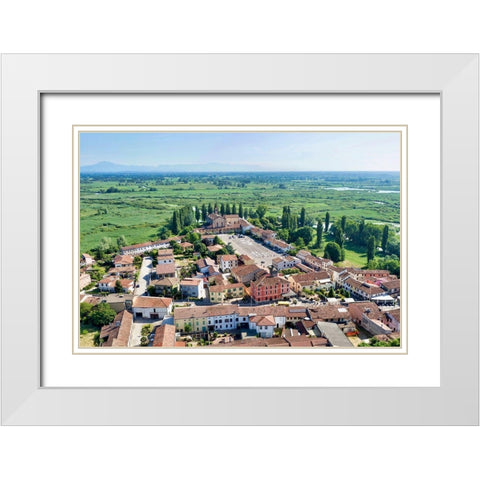 Italy-Mantova-Le Grazie village-Basilica and square-Mincio river valley in the background White Modern Wood Framed Art Print with Double Matting by Molinari, Michele
