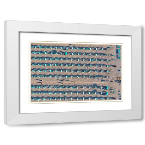 Italy-Tuscany-Torre del Lago Puccini-boathouse and neatly ordered beach chairs and umbrellas White Modern Wood Framed Art Print with Double Matting by Molinari, Michele