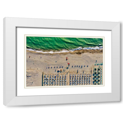 Italy-Tuscany-Torre del Lago Puccini-boathouse and neatly ordered beach chairs and umbrellas White Modern Wood Framed Art Print with Double Matting by Molinari, Michele