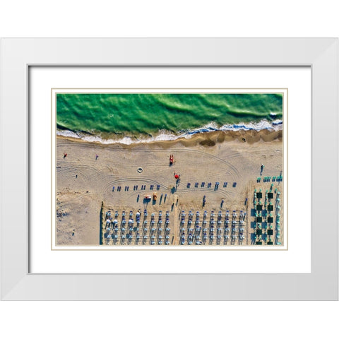Italy-Tuscany-Torre del Lago Puccini-boathouse and neatly ordered beach chairs and umbrellas White Modern Wood Framed Art Print with Double Matting by Molinari, Michele