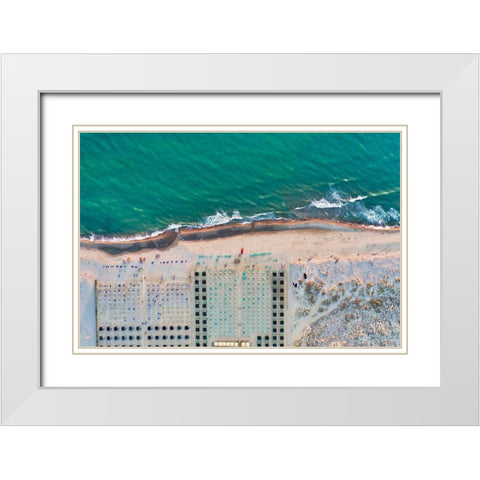 Italy-Tuscany-Torre del Lago Puccini-boathouse and neatly ordered beach chairs and umbrellas White Modern Wood Framed Art Print with Double Matting by Molinari, Michele