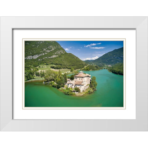 Italy-Trentino-castle and Toblino Lake White Modern Wood Framed Art Print with Double Matting by Molinari, Michele
