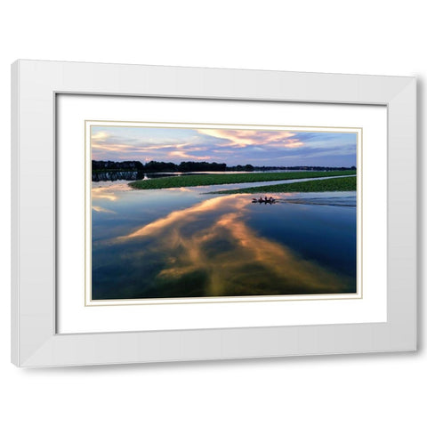 Italy-Mantova (Mantua) Sunset reflection and boat on lake White Modern Wood Framed Art Print with Double Matting by Molinari, Michele