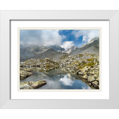 View towards Cima Presanella draped in clouds near Rifugio Segantini-Presanella mountain range-Parc White Modern Wood Framed Art Print with Double Matting by Zwick, Martin