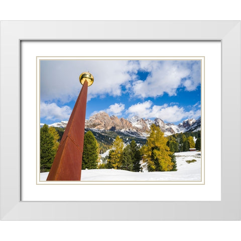 Giant sundial-Geisler mountain range in the dolomites of the Groden Valley or Val Gardena in South  White Modern Wood Framed Art Print with Double Matting by Zwick, Martin