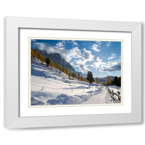 Geisler mountain range in the dolomites of the Villnoss Valley in South Tyrol-Alto Adige after an a White Modern Wood Framed Art Print with Double Matting by Zwick, Martin