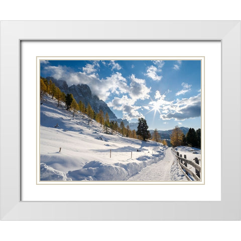 Geisler mountain range in the dolomites of the Villnoss Valley in South Tyrol-Alto Adige after an a White Modern Wood Framed Art Print with Double Matting by Zwick, Martin