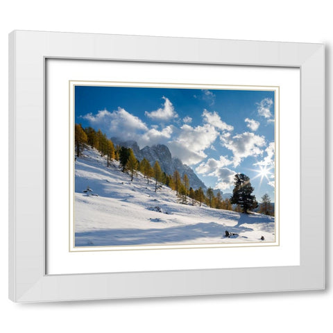 Geisler mountain range in the dolomites of the Villnoss Valley in South Tyrol-Alto Adige after an a White Modern Wood Framed Art Print with Double Matting by Zwick, Martin