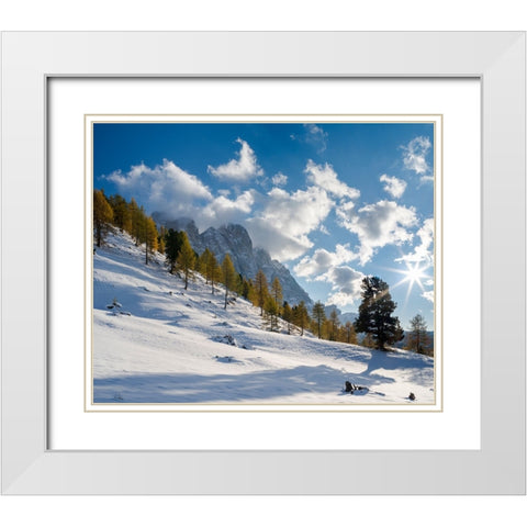 Geisler mountain range in the dolomites of the Villnoss Valley in South Tyrol-Alto Adige after an a White Modern Wood Framed Art Print with Double Matting by Zwick, Martin