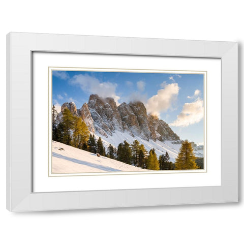 Geisler mountain range in the dolomites of the Villnoss Valley in South Tyrol-Alto Adige after an a White Modern Wood Framed Art Print with Double Matting by Zwick, Martin