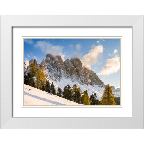 Geisler mountain range in the dolomites of the Villnoss Valley in South Tyrol-Alto Adige after an a White Modern Wood Framed Art Print with Double Matting by Zwick, Martin