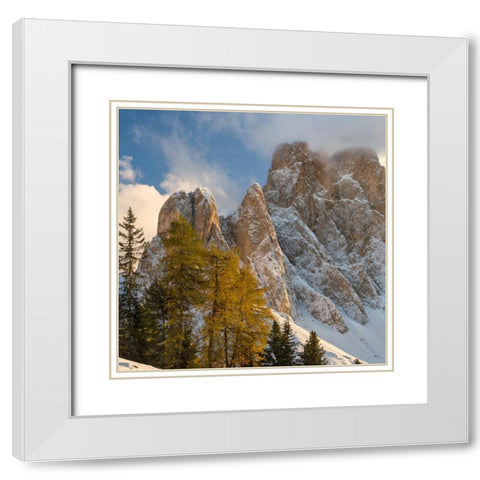 Geisler mountain range in the dolomites of the Villnoss Valley in South Tyrol-Alto Adige after an a White Modern Wood Framed Art Print with Double Matting by Zwick, Martin