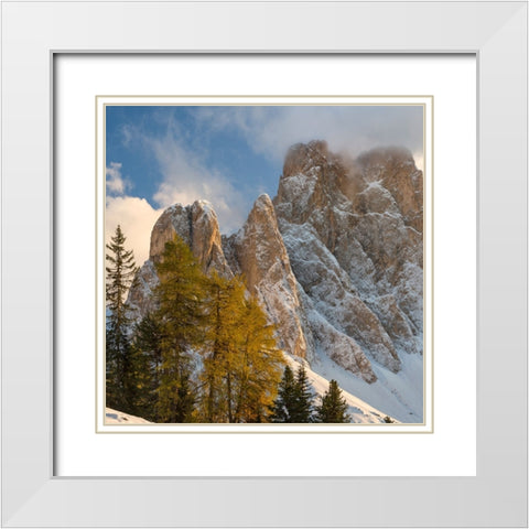 Geisler mountain range in the dolomites of the Villnoss Valley in South Tyrol-Alto Adige after an a White Modern Wood Framed Art Print with Double Matting by Zwick, Martin