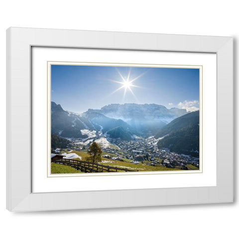 Sella mountain range and village Wolkenstein-Selva in the dolomites of South Tyrol-Alto Adige seen  White Modern Wood Framed Art Print with Double Matting by Zwick, Martin