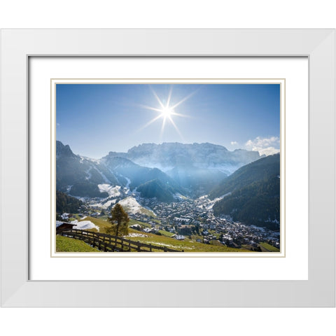 Sella mountain range and village Wolkenstein-Selva in the dolomites of South Tyrol-Alto Adige seen  White Modern Wood Framed Art Print with Double Matting by Zwick, Martin