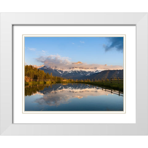 Rosengarten-Catinaccio mountain range in the dolomites of South Tyrol-Alto Adige-are reflected in a White Modern Wood Framed Art Print with Double Matting by Zwick, Martin