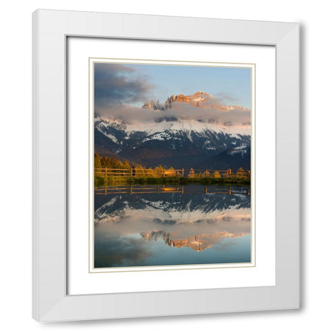 Rosengarten-Catinaccio mountain range in the dolomites of South Tyrol-Alto Adige-are reflected in a White Modern Wood Framed Art Print with Double Matting by Zwick, Martin