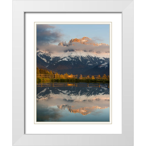 Rosengarten-Catinaccio mountain range in the dolomites of South Tyrol-Alto Adige-are reflected in a White Modern Wood Framed Art Print with Double Matting by Zwick, Martin