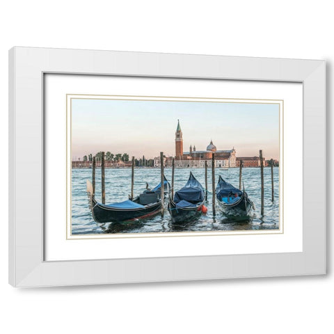 Italy-Venice Gondolas on the waterfront with San Giorgio Maggiore Church in the background White Modern Wood Framed Art Print with Double Matting by Tilley, Rob