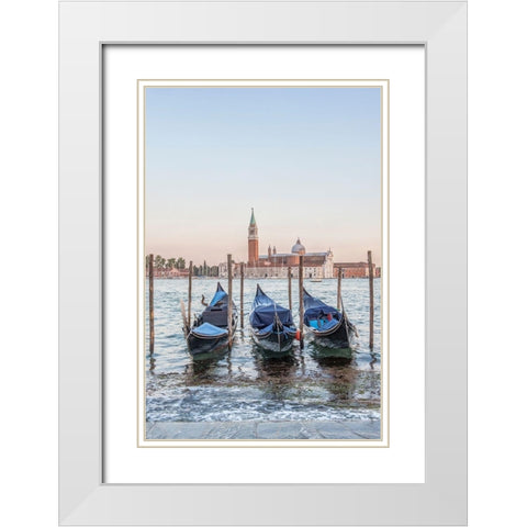 Italy-Venice Gondolas on the waterfront with San Giorgio Maggiore Church in the background White Modern Wood Framed Art Print with Double Matting by Tilley, Rob