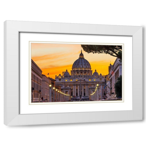 Orange sunset illuminated street lights-Via Della Conciliazione-Saint Peters Basilica-Vatican White Modern Wood Framed Art Print with Double Matting by Perry, William